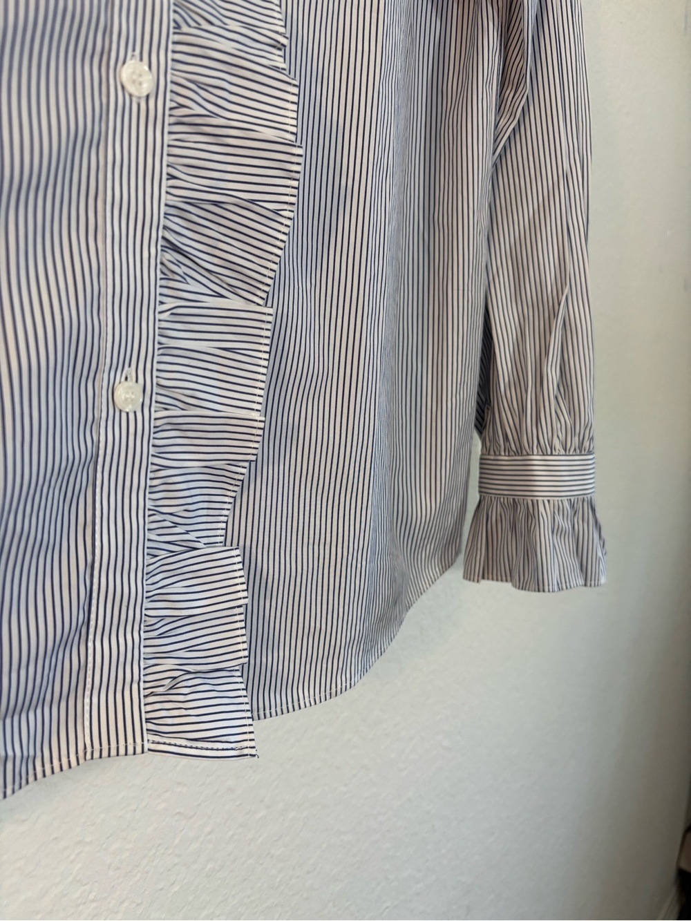 NWT Nordstrom Signature Blue Striped Ruffle Button-Down Blouse Long Sleeve Small - Picture 8 of 14
